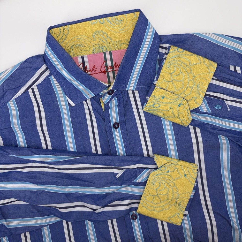 Robert Graham Blue Striped Button‎ Down Men's XL Floral Flip Cuff